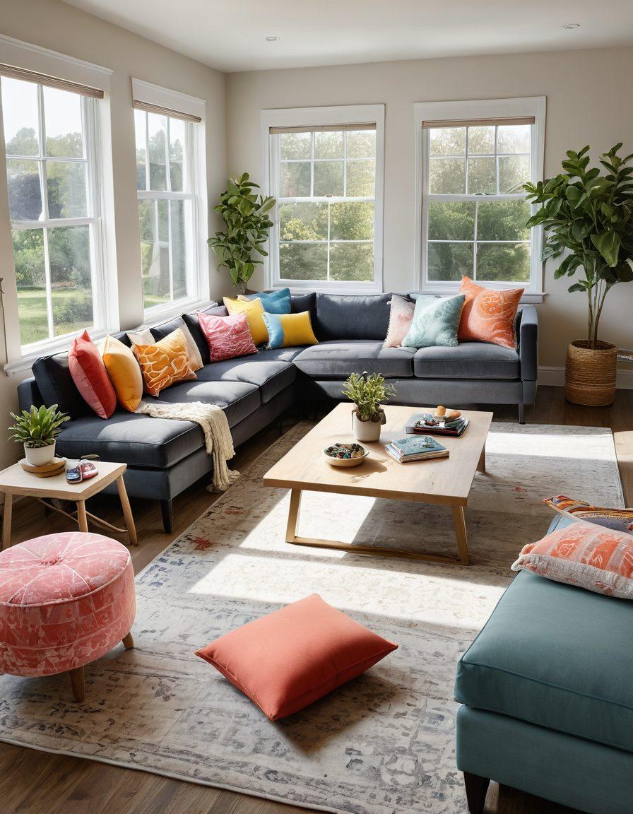 A cozy living room designed for family gatherings, featuring a stylish sectional sofa, colorful decorative pillows, and a coffee table filled with board games. Bright sunlight streams through large windows, illuminating plants and playful children's artwork on the walls. Soft rugs and a play area with toys blend comfort and functionality. Family members of diverse backgrounds are engaged in various activities. bright colors. 3D. modern design.