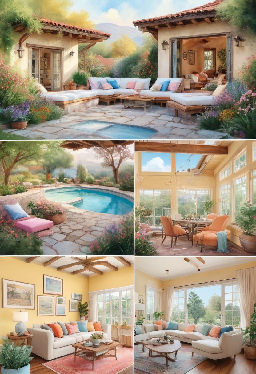 A dreamy collage of house plans showcasing cozy nooks like reading corners with soft cushions, luxurious retreats with sprawling patios and jacuzzis, and vibrant gardens filled with blooming flowers. The interior spaces should include a blend of rustic charm and modern elegance, all under a sunny sky. Soft pastel colors dominate the scene, creating an inviting and warm atmosphere. Illustrate a transition from tranquil to opulent, representing a spectrum of happiness. watercolor style. pastel colors. soft lighting.
