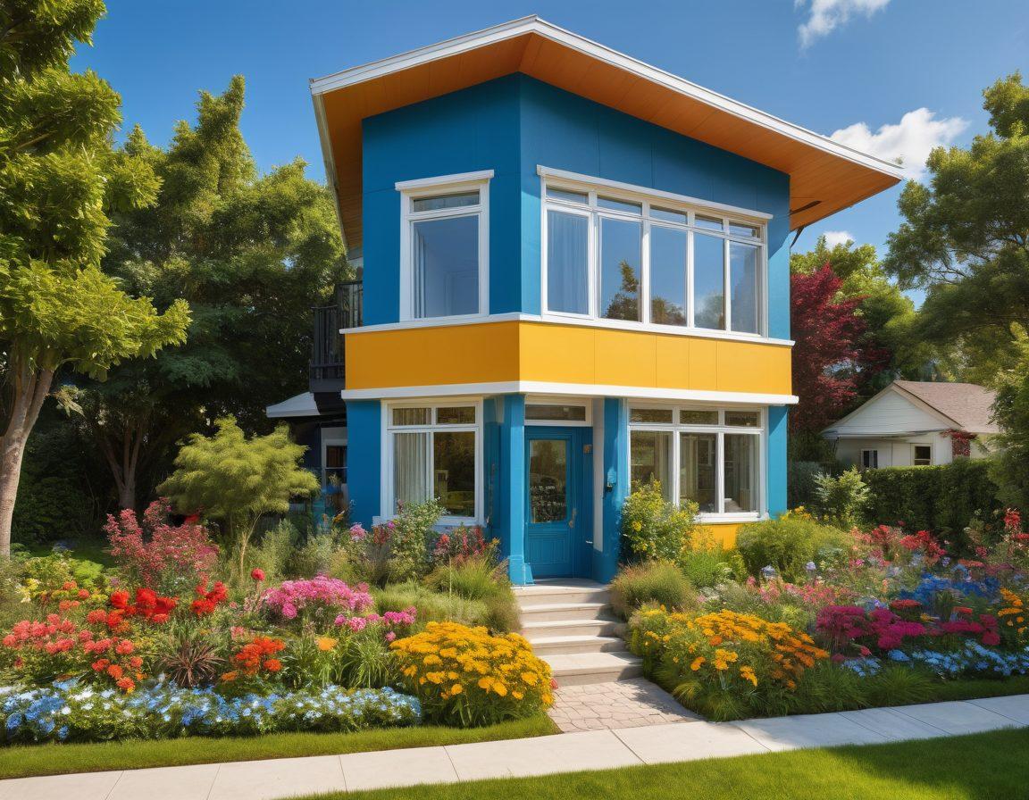 An inviting house with a bright, cheerful facade surrounded by lush greenery and colorful flowers, showcasing diverse architectural styles that promote happiness and togetherness. Children playing in the yard, families enjoying the space, and large windows that reflect natural light, emphasizing warmth and joy. Include a clear blue sky above. vibrant colors. super-realistic.